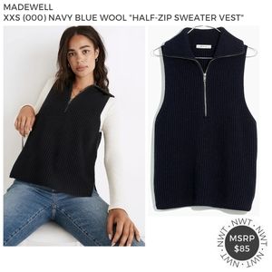 NWT Size XXS (000) Madewell Navy Blue Wool Ribbed Knit 'Half-Zip Sweater Vest'